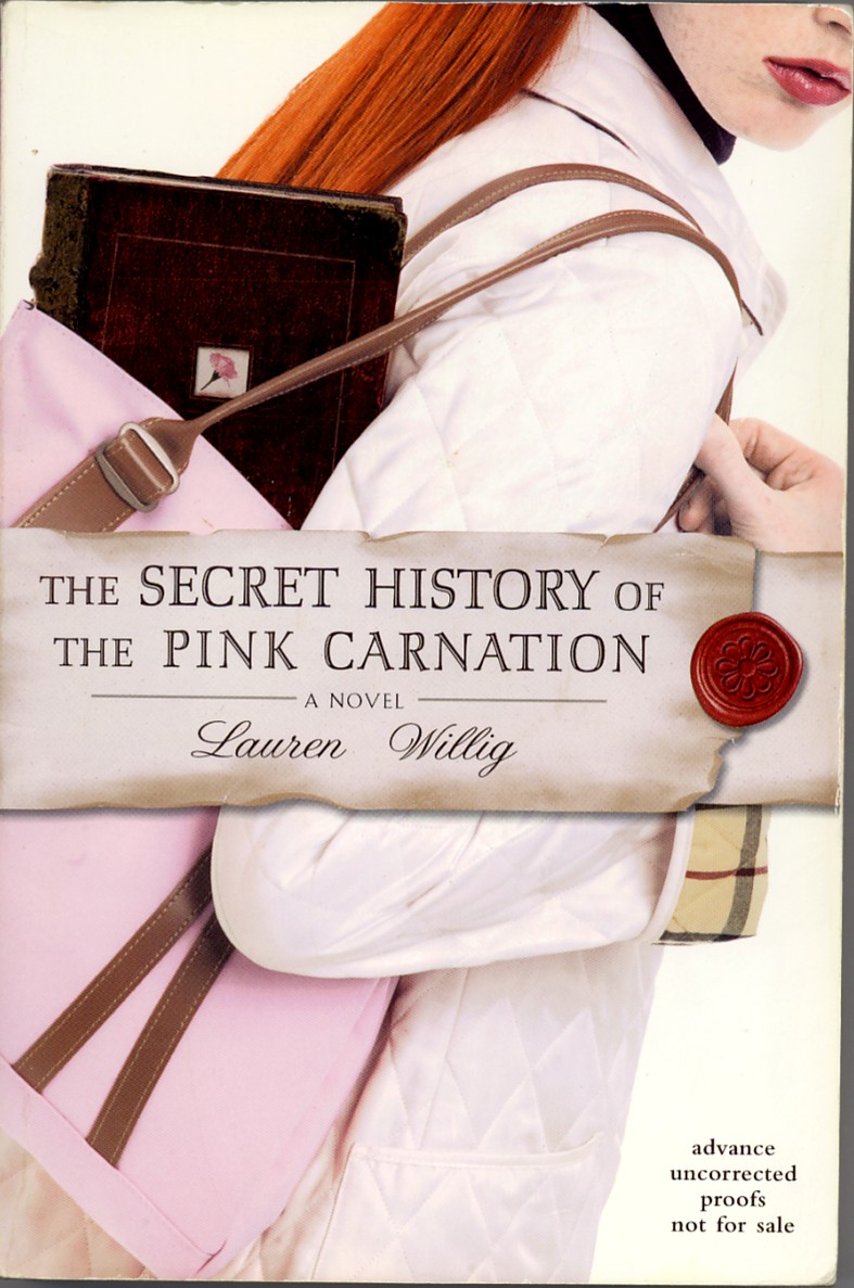 Pink Carnation as chick lit - close up of red haired woman with a pink purse and a diary sticking out