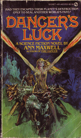 Dancer's Luck - woman shooting light out of her hands while dogs wearing spiked armor are in front of her in strategic position plus there's a naked dude in the background