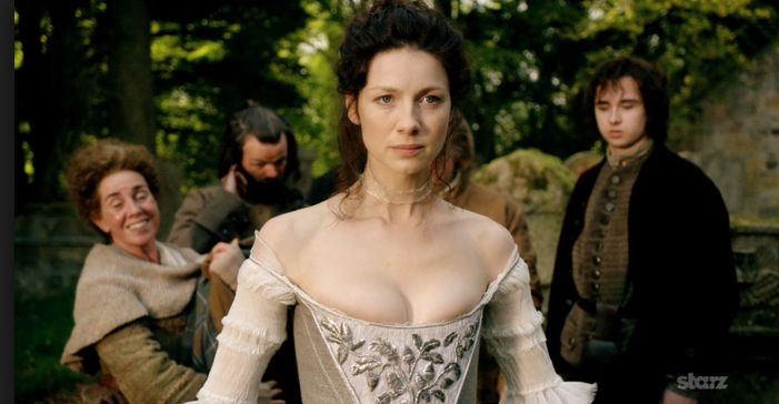 Claire's dress is VERY tight across the bodice and she totally has double boobage - ouch.