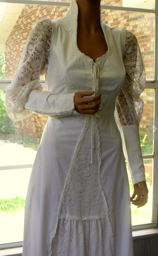 Gunne Sax gown with high collar and lace sleeves likely white cotton