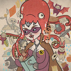 The logo for the BWF a woman in a mask with fangs and a red octopus hat reading a book with pieces of all sorts of genres flying around her I love this logo so much