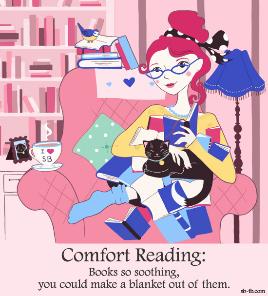 Comfort Reading books so soothing you could make a blanket out of them illustrated with the same woman from the first illustration with a blanket made of books on her lap