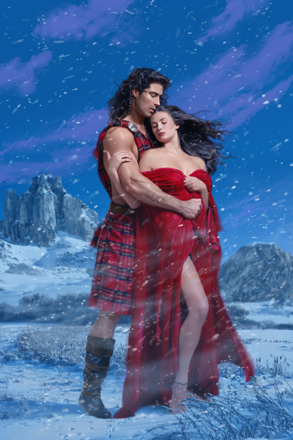 He has a kilt and no shirt, she's barefoot with an off the shoulder gown and an ankle bracelet in a snowstorm.