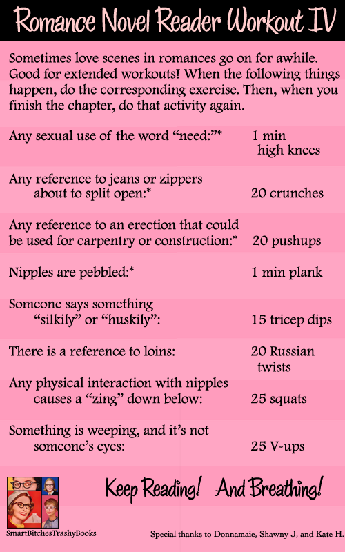 Sometimes love scenes in romances go on for awhile. Good for extended workouts! When the following things happen, do the corresponding exercise. Then, when you finish the chapter, do that activity again.Any sexual use of the word “need:”*        1 min  										high knees Any reference to jeans or zippers 	about to split open:*		 		     20 crunchesAny reference to an erection that could be used for carpentry or construction:*    20 pushupsNipples are pebbled:*  		    		     1 min plankSomeone says something 	“silkily” or “huskily”: 		 	     15 tricep dips There is a reference to loins:		 	     20 Russian twists Any physical interaction with nipples causes a “zing” down below:		     25 squatsSomething is weeping, and it’s not 	someone’s eyes:   				     25 V-upsSpecial thanks to Donnamaie, Shawny J, and Kate H.     